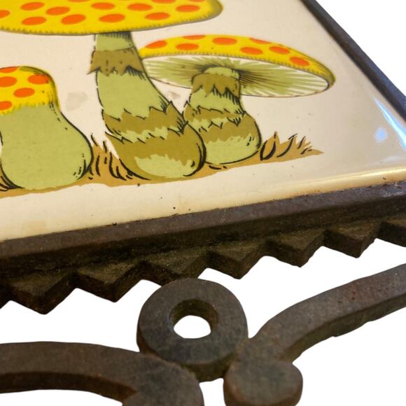 Vintage 70s White Tile Black Cast Iron Yellow Orange Mushrooms Wall Art Trivet - Picture 11 of 16